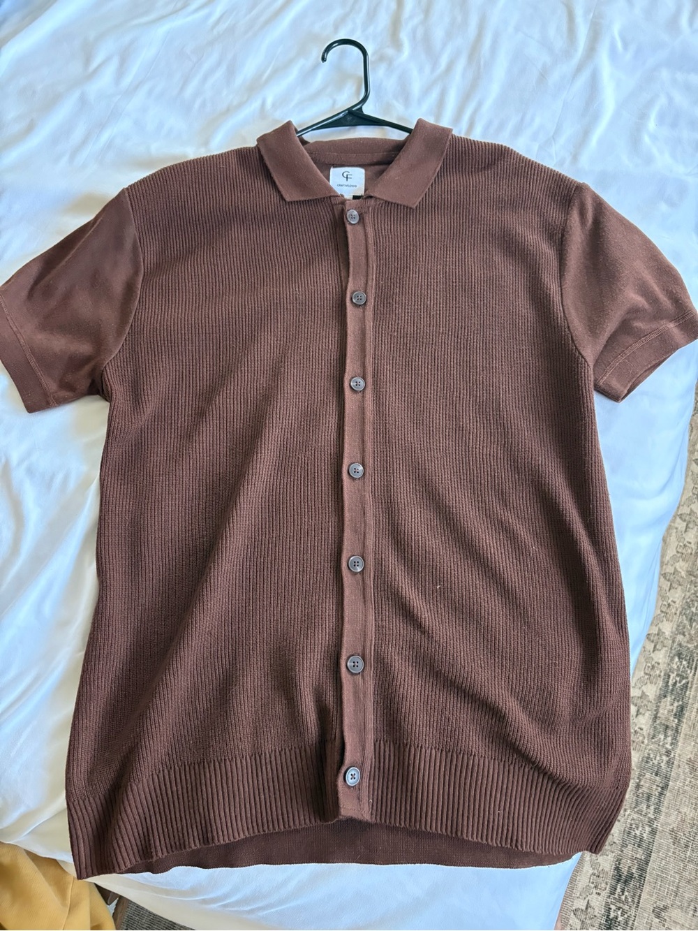 Brown Short-Sleeve Button-Up Knit Sweater